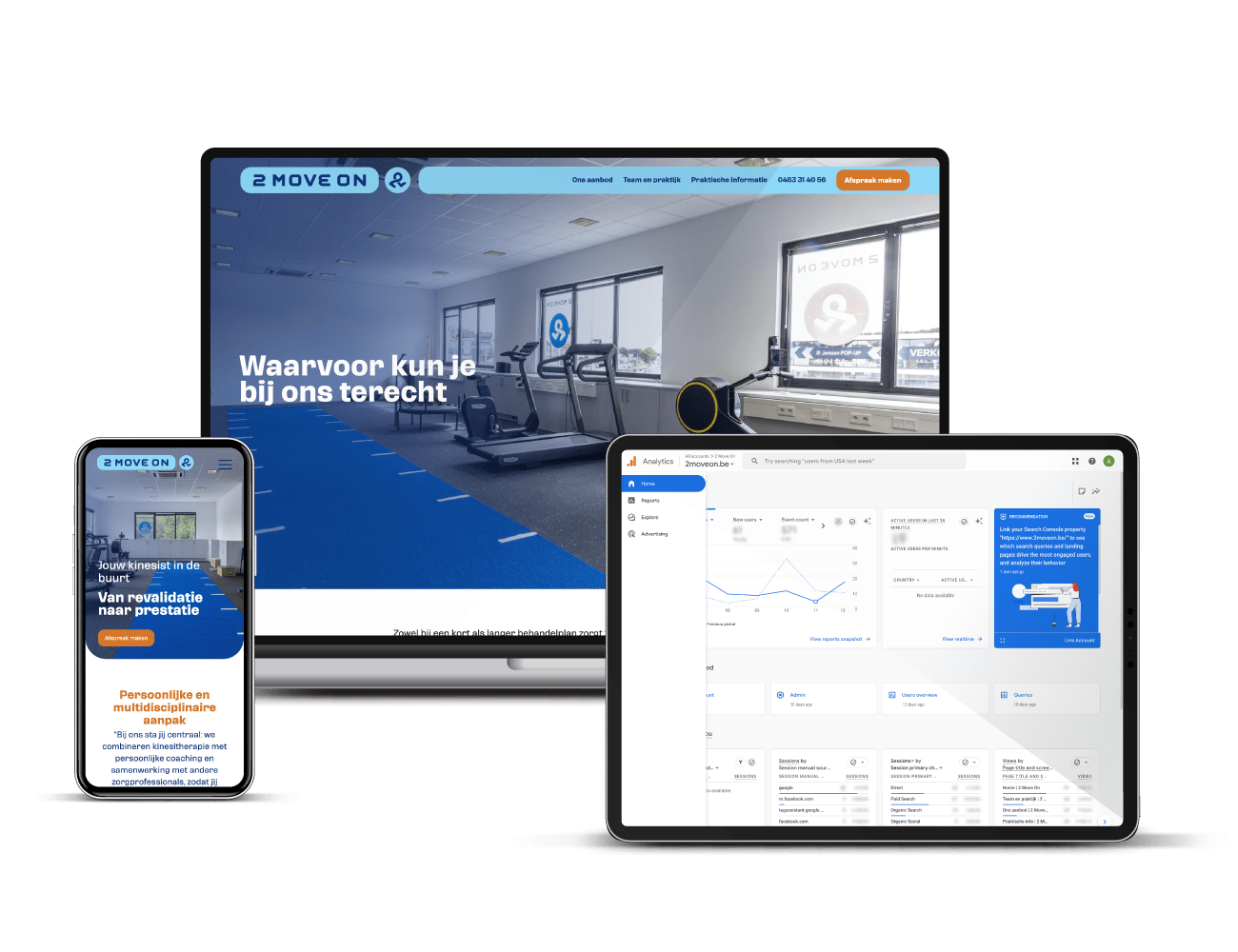 Brandle - Webdesign en development voor 2 Move On Responsieve weergave van de 2 Move On-website op laptop, tablet en smartphone met een praktijkruimte en fitnessapparatuur voor kinesitherapie.