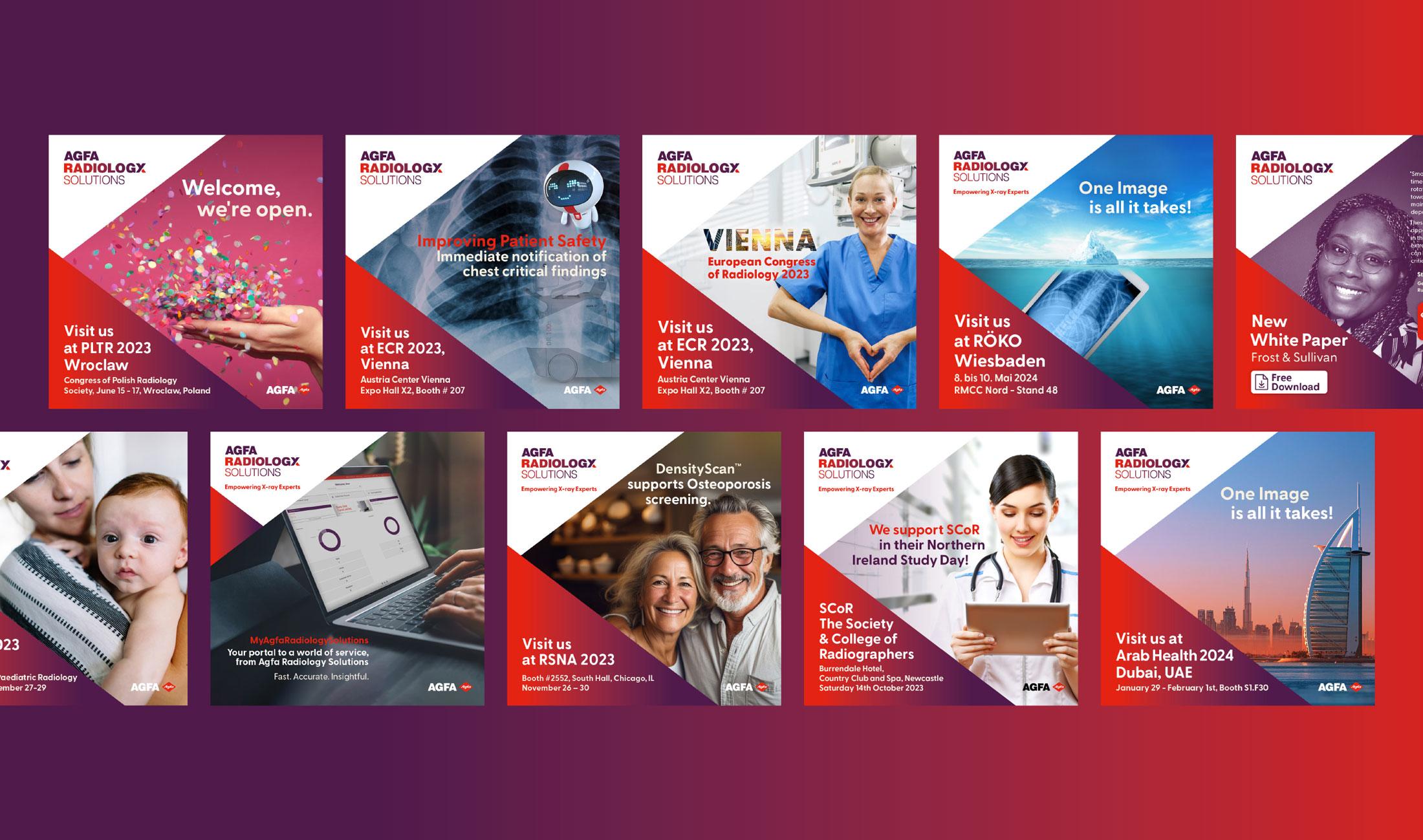 Brandle - Opmaak social media visuals Overzicht van Agfa Radiology Solutions social media visuals voor events, productaankondigingen en campagnes.