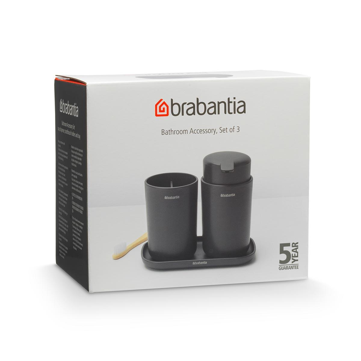 Brandle - Verpakking producten van Brabantia Productverpakking van Brabantia badkameraccessoires, set van drie in mat zwart, met productfoto en garantieaanduiding.