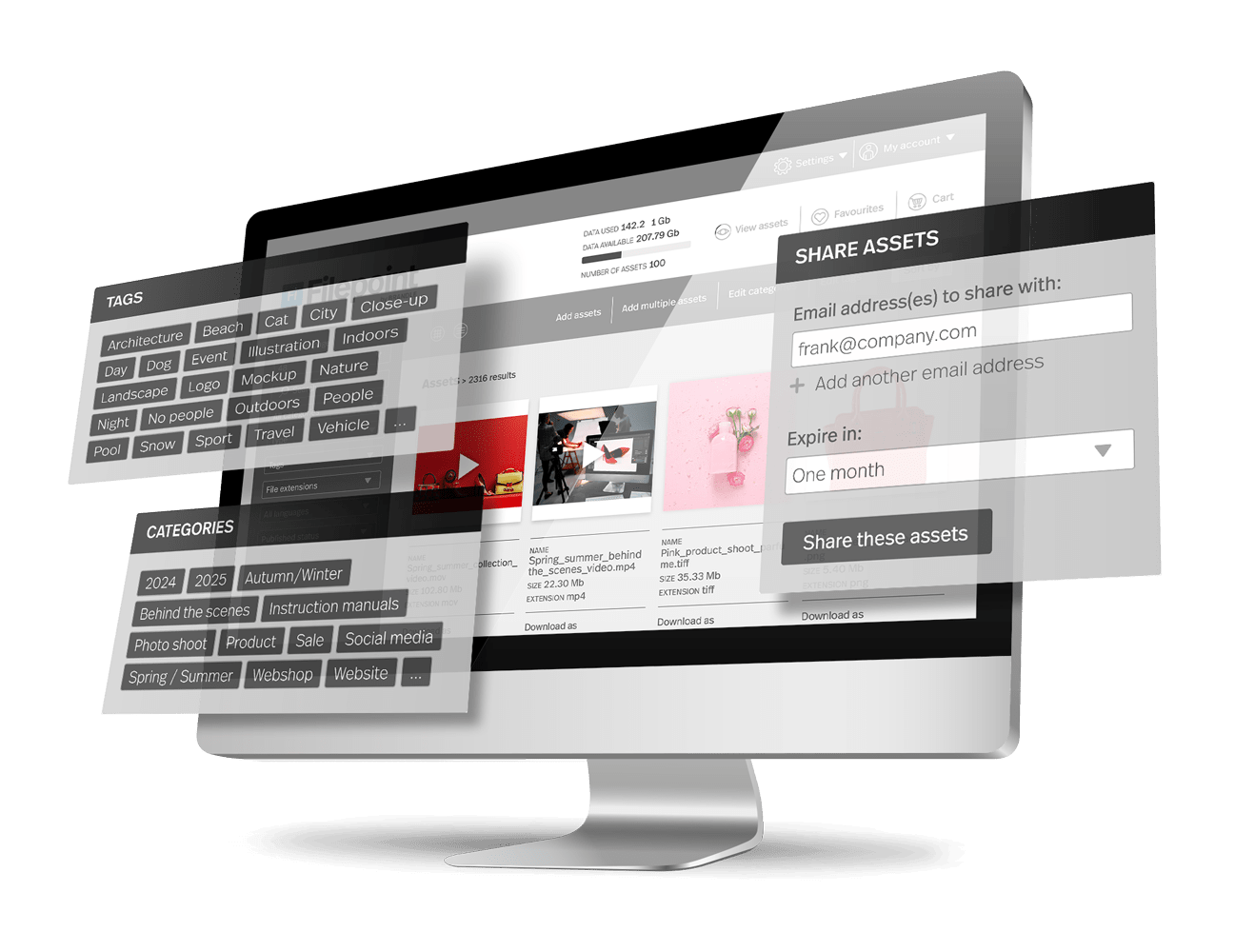 Brandle - DAM systeem Filepoint Filepoint interface met filters, tags en deelopties voor het beheren en delen van digitale bestanden binnen een organisatie.