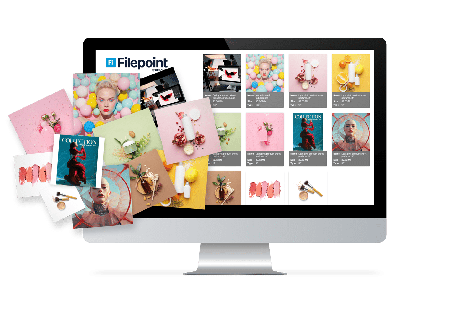 Brandle - Digital Asset Management Filepoint Overzichtsscherm van Filepoint met visuele mediabibliotheek en thumbnails van creatieve assets op een desktopmonitor.