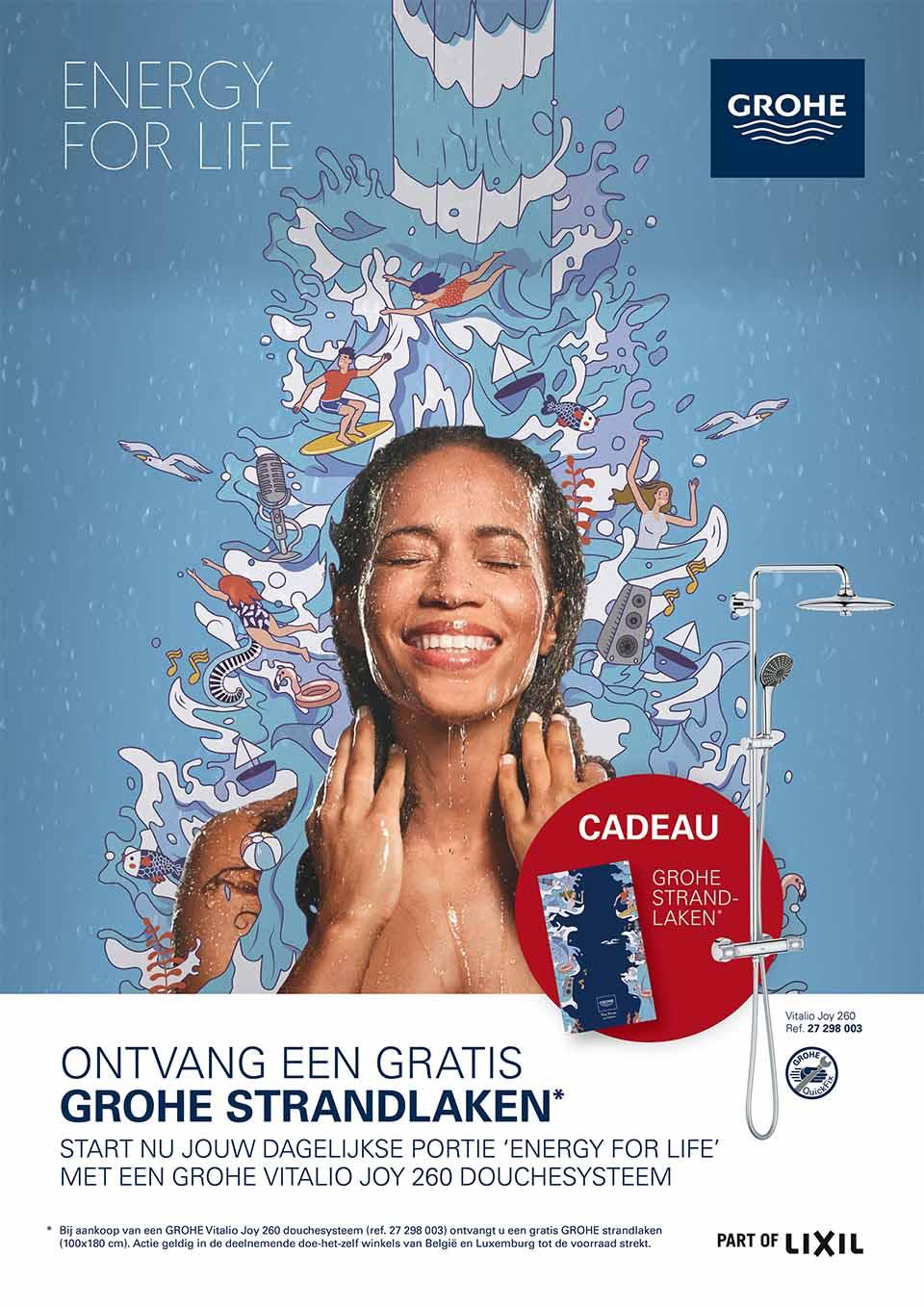 Brandle - Poster campagne voor Grohe Campagnebeeld van vrouw onder de douche, omringd door illustraties die water en energie symboliseren.