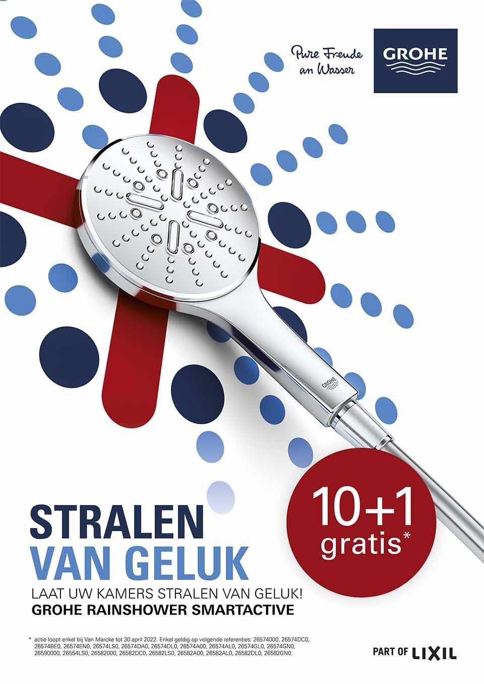 Brandle - Poster campagne voor Grohe Productvisual van GROHE Rainshower met actie “10+1 gratis” en grafisch patroon.