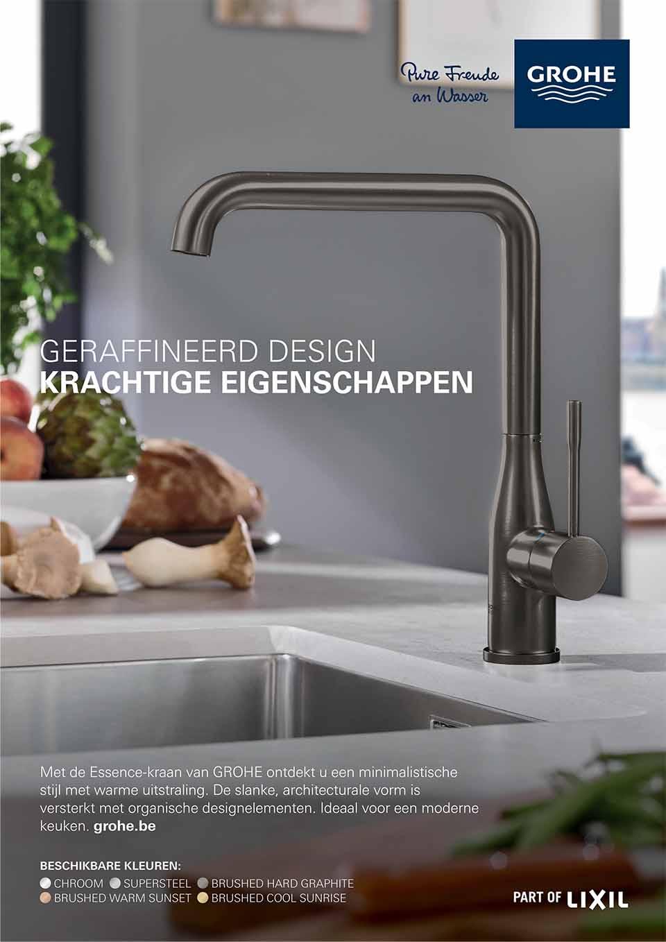 Brandle - Design poster voor Grohe Minimalistische GROHE Essence kraan in moderne keuken met focus op design en afwerking.