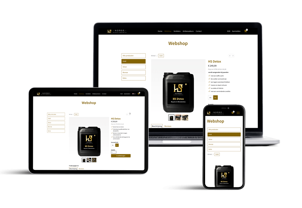 Brandle - Webdesign en responsieve webshop voor HS Horse Webshopinterface van Horse Supplements getoond op laptop, tablet en smartphone.