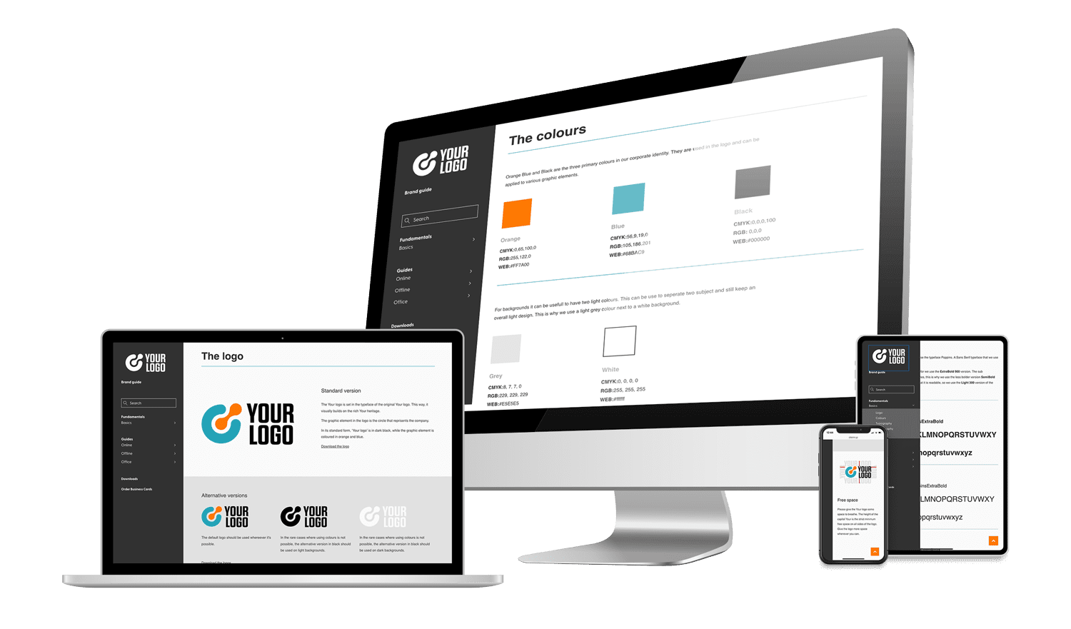 Brandle - huisstijl in een digitale brand guide Digitaal brand guideline platform getoond op laptop, desktop en smartphone met logo-, kleur- en typografierichtlijnen.