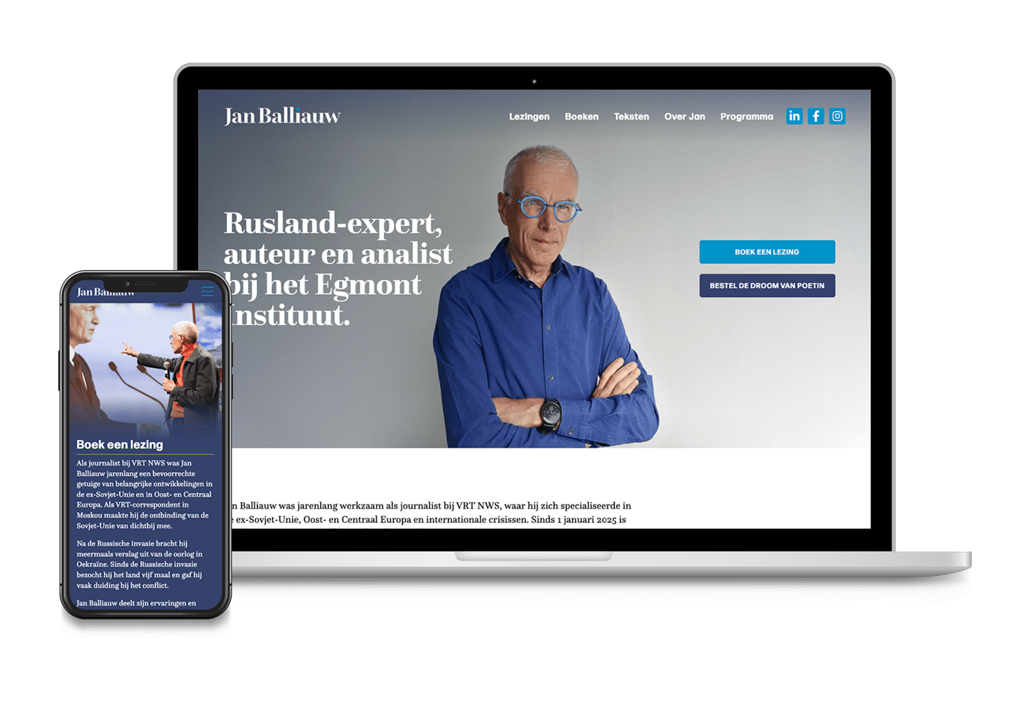 Brandle - Nieuwe website voor Jan Balliauw Website van Jan Balliauw op desktop en smartphone, met portret en tekst “Rusland-expert, auteur en analist”.