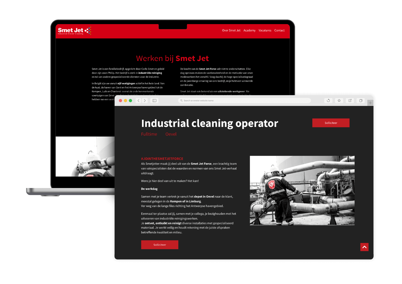 Employer branding website voor jobs gemaakt door Brandle Laptop en browsermock-up van de employer branding website van Smet Jet, met jobdetails, foto’s van medewerkers en een duidelijke sollicitatieflow.