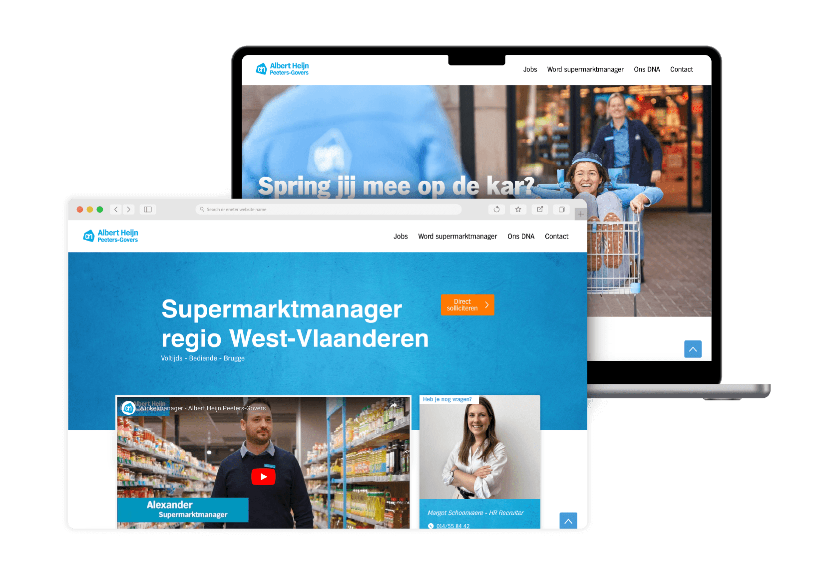 Employer branding website voor jobs gemaakt door Brandle Laptop en browsermock-up met employer branding website voor Albert Heijn Peeters-Govers, met jobinformatie, sollicitatieknop en teamfoto’s.