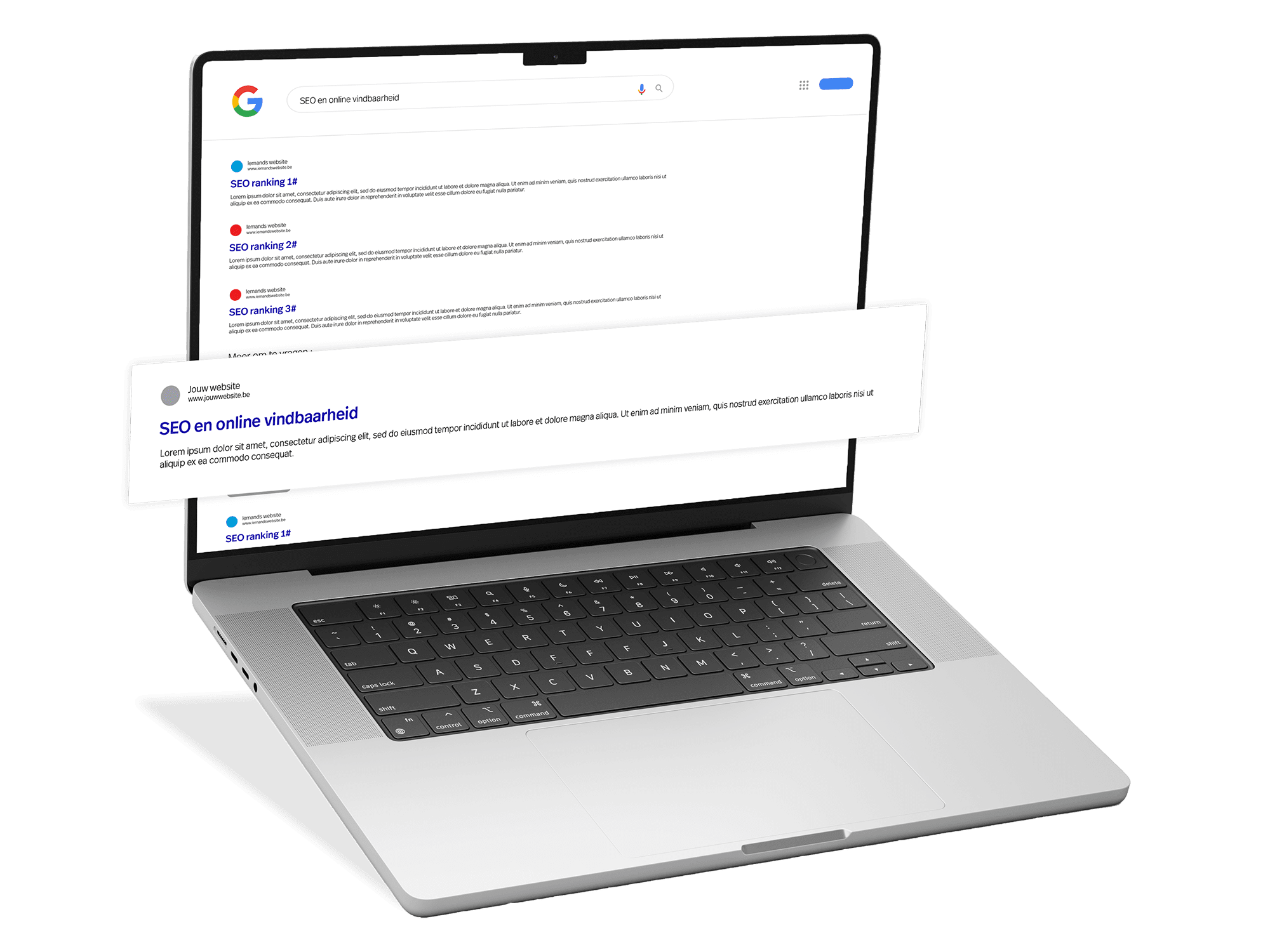Brandle - SEO in Google zoekresultaten Laptop met Google-zoekresultaten en overlay die SEO en online vindbaarheid visualiseert.