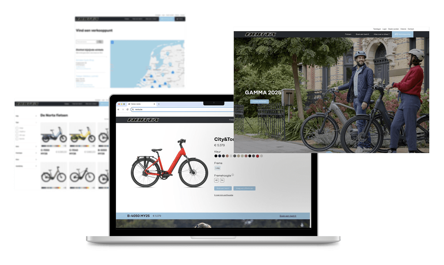 Brandle - Nieuw webdesign van Norta Overzicht van de Norta-website met e-bikes, productpagina’s en sfeerbeelden op meerdere schermen.