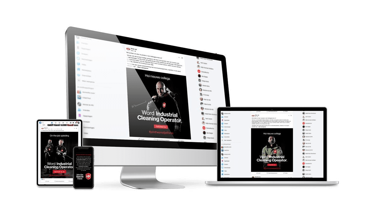 Employer branding campagne door Brandle Verschillende apparaten tonen social media visuals voor de employer brandingcampagne van Smet Jet met oproep ‘Word Industrial Cleaning Operator’.