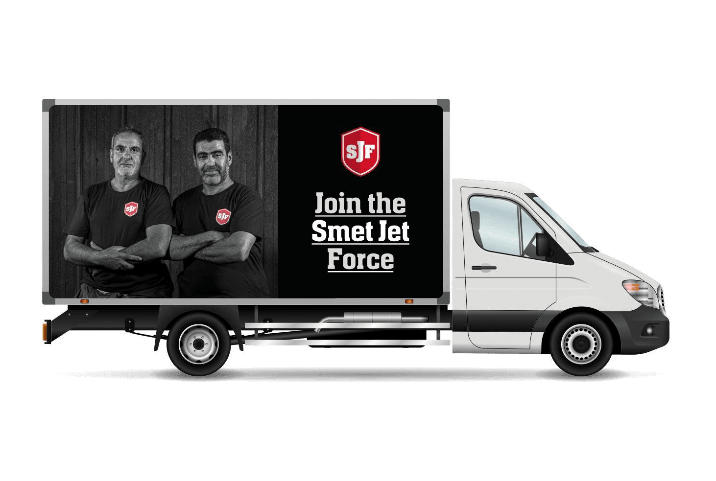 Brandle - Smet Jet employer branding, wagenbelettering Mock-up van een vrachtwagen met Smet Jet branding, waarop twee medewerkers in zwart-wit te zien zijn naast het logo en de slogan ‘Join the Smet Jet Force’. De truck toont een opvallende employer branding boodschap voor rekrutering