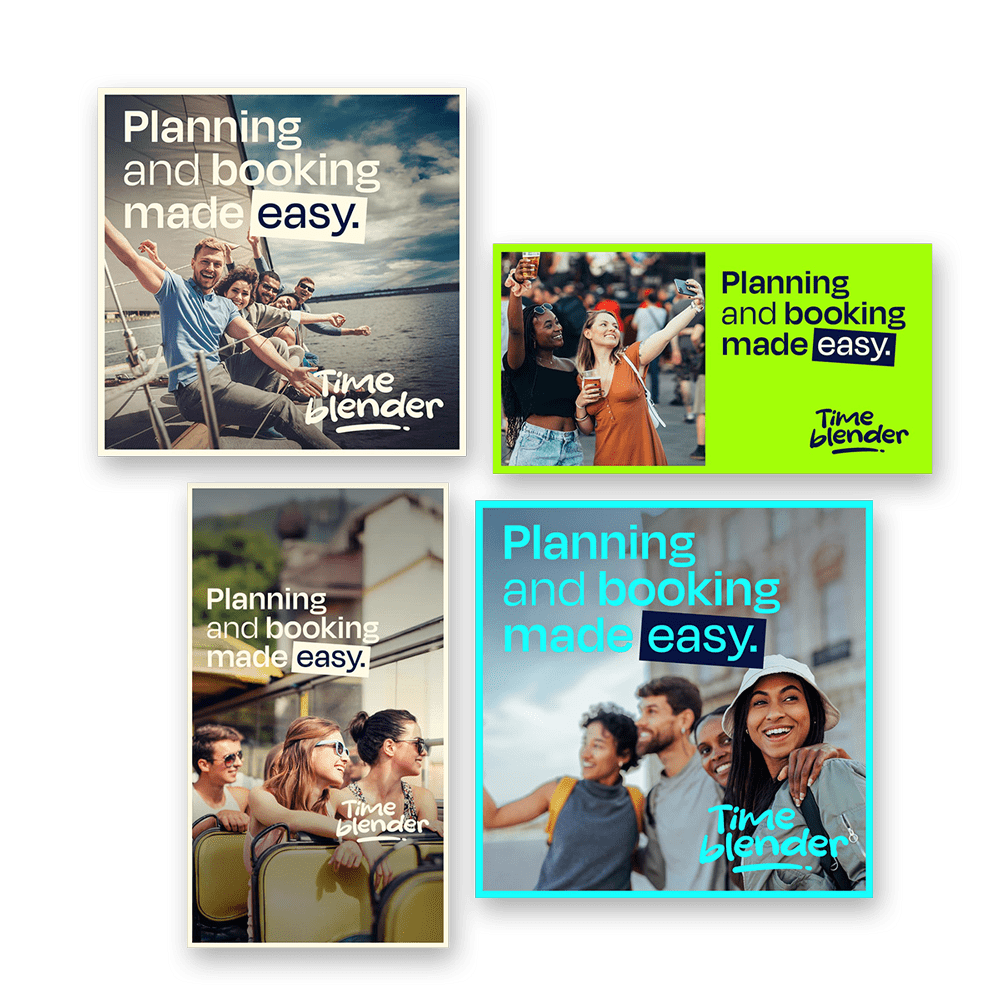 Brandle - Online marketing design voor sociale media advertenties Set van Timeblender advertenties met slogan “Planning and booking made easy”, toegepast op verschillende sociale media formaten.