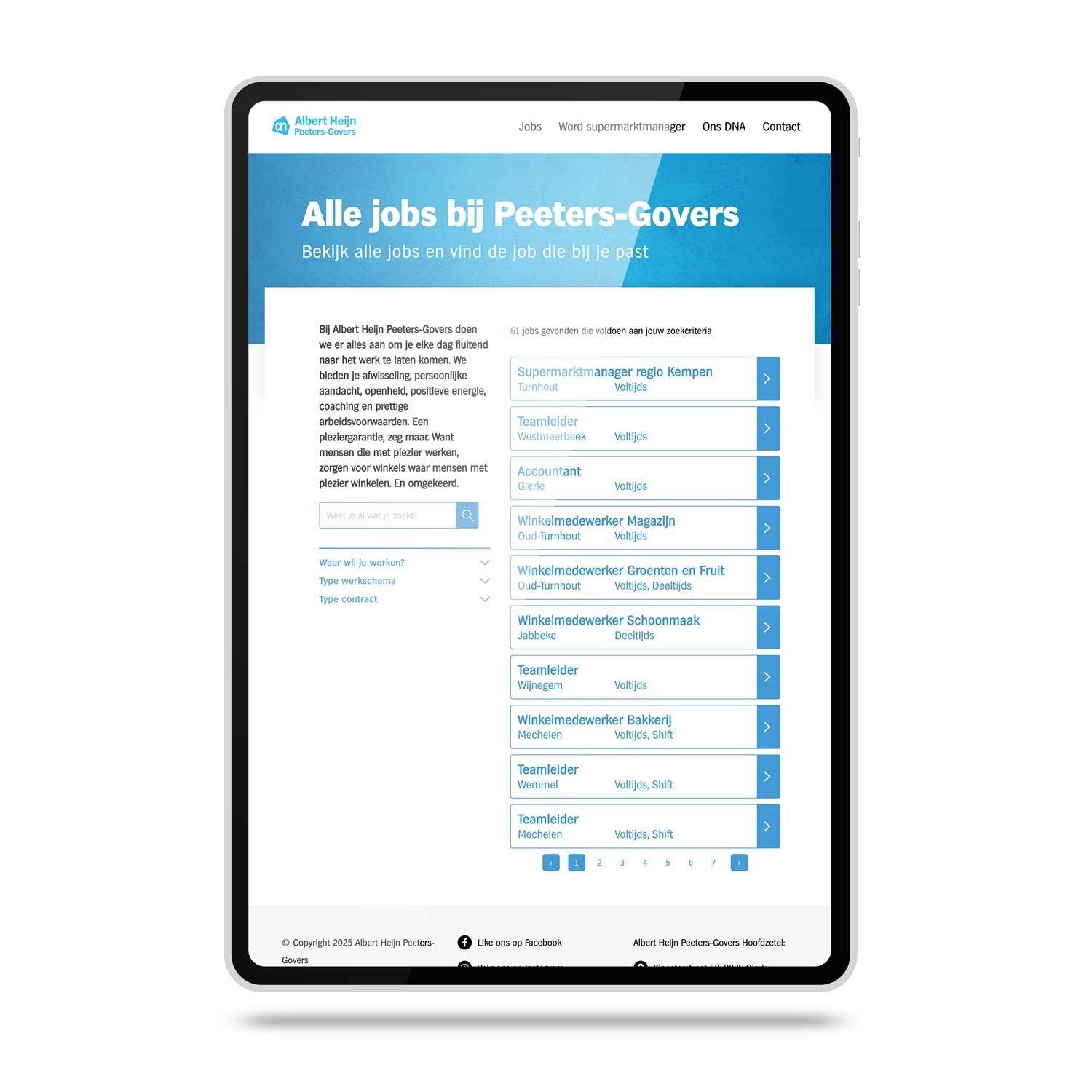 Brandle - Website employer branding voor Albert Heijn Peeters-Govers Tablet met overzicht van vacatures op de website van Albert Heijn Peeters-Govers.