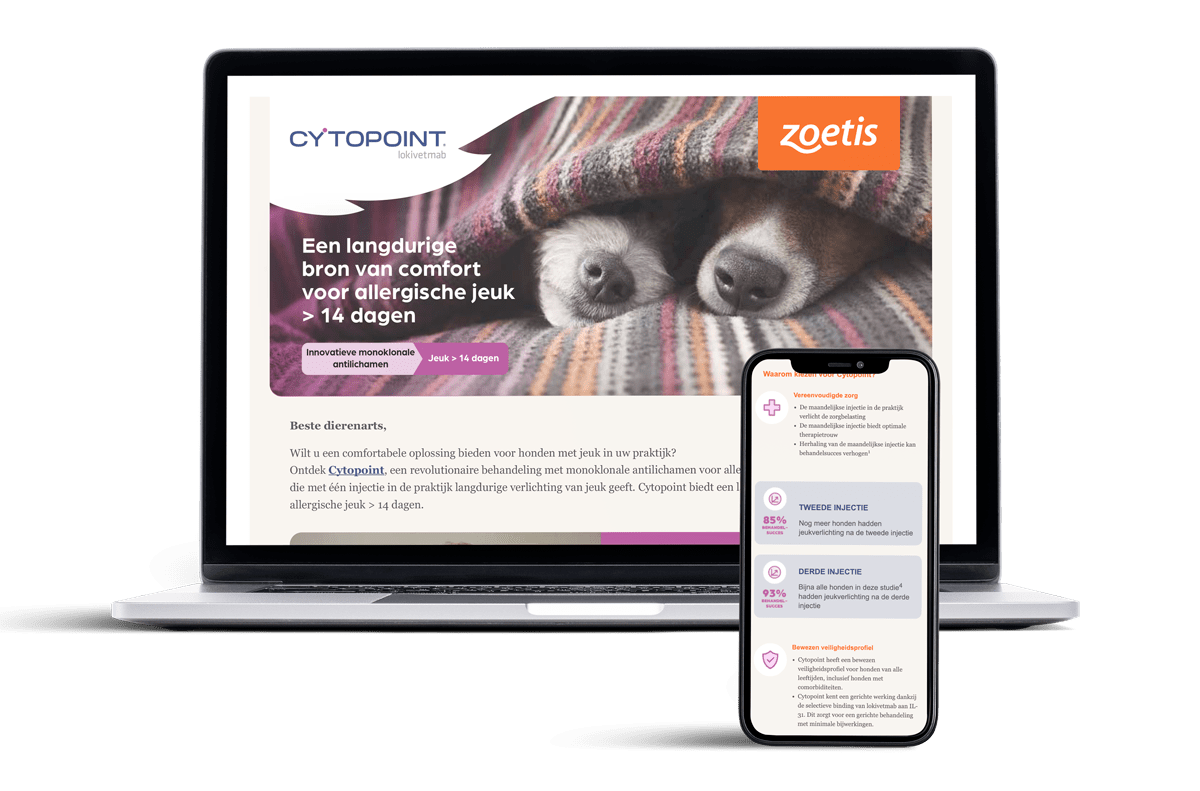 Brandle - Copywriting en e-mailmarketing voor Zoetis Marketingmail van Zoetis over Cytopoint op laptop en smartphone, met informatie over langdurige verlichting van allergische jeuk bij honden.