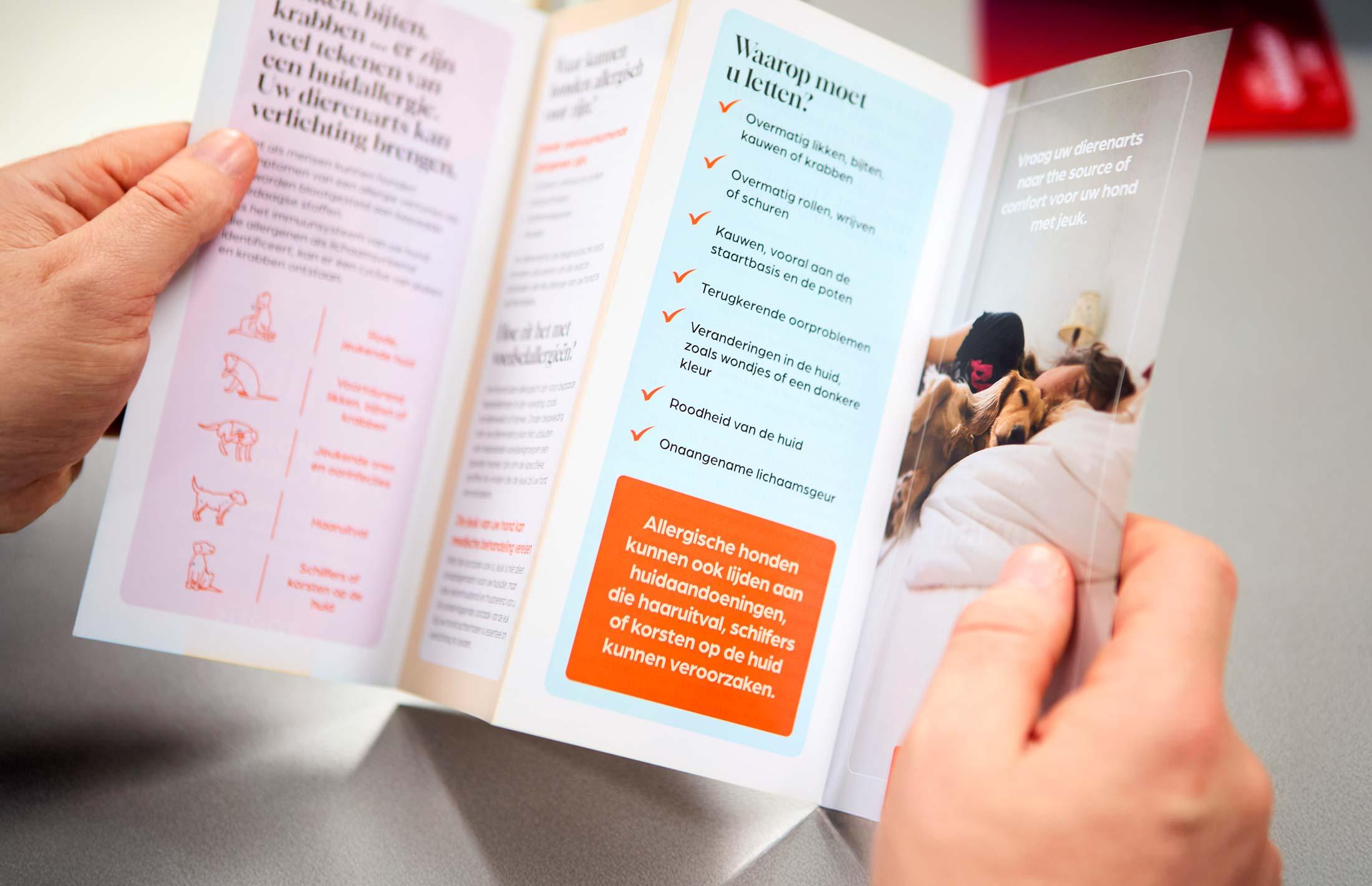 Brandle - drukwerk vouwfolder voor Zoetis Opengevouwen folder over allergie bij honden van Zoetis met checklist, illustraties en foto van een hond bij zijn baasje.