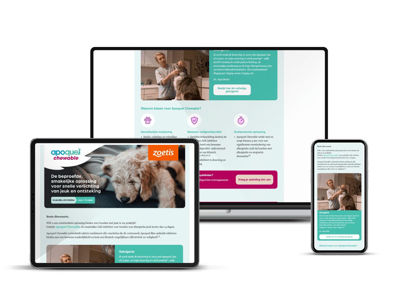 Brandle - E-mailmarketing voor Zoetis Responsive campagnebeeld voor Zoetis Apoquel Chewable met laptop, tablet en smartphone waarop de productpagina en e-mailing zichtbaar zijn.