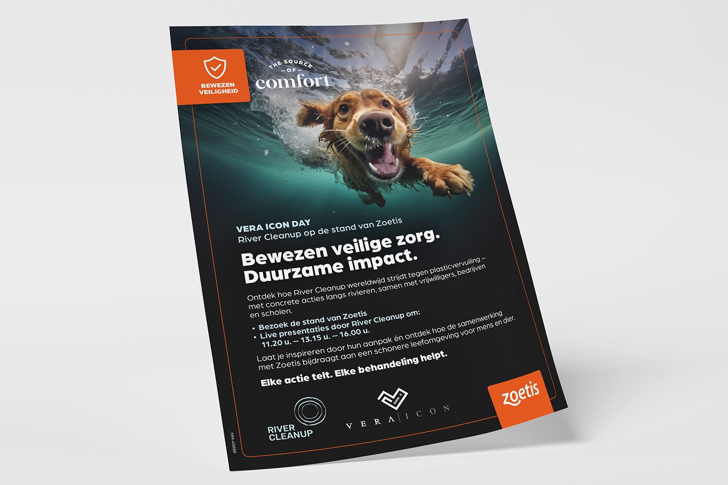 Poster van Zoetis, gemaakt door Brandle Promotionele poster met een foto van een hond die onderwater naar de camera zwemt. De poster bevat informatie over ‘Vera Icon Day’ en de samenwerking tussen Zoetis en River Cleanup, met tekst over bewezen veilige zorg en duurzame impact.
