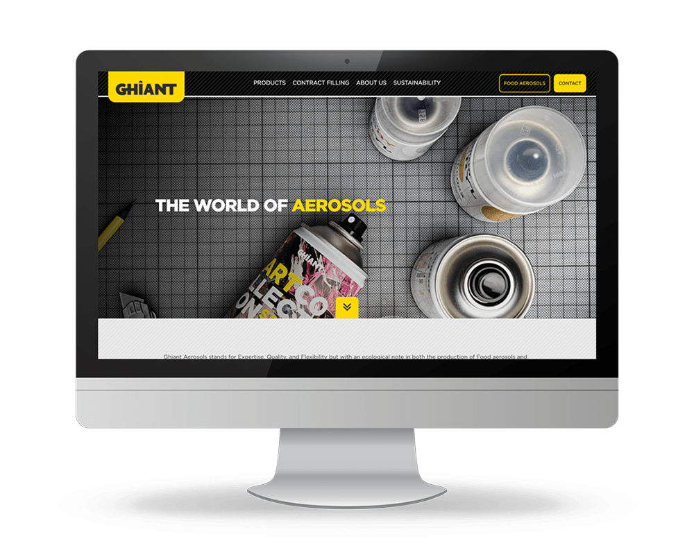 Brandle - Webdesign en webshop voor Ghiant Desktopweergave van de Ghiant-website met de slogan “The world of aerosols” en close-ups van spuitbussen en aerosolverpakkingen.