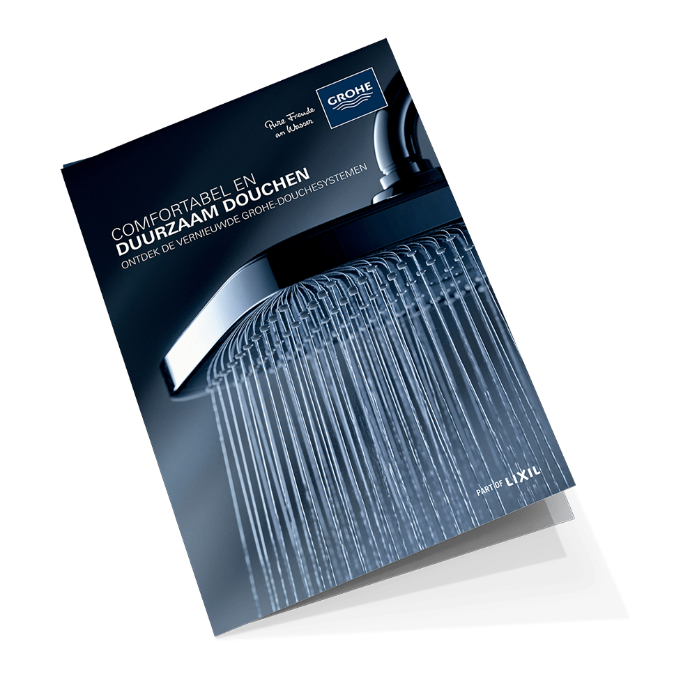 Brandle - Opmaak brochure drukwerk voorGrohe GROHE douchebrochure met close-up van een regendouche en stromend water, gericht op comfort en duurzaamheid.